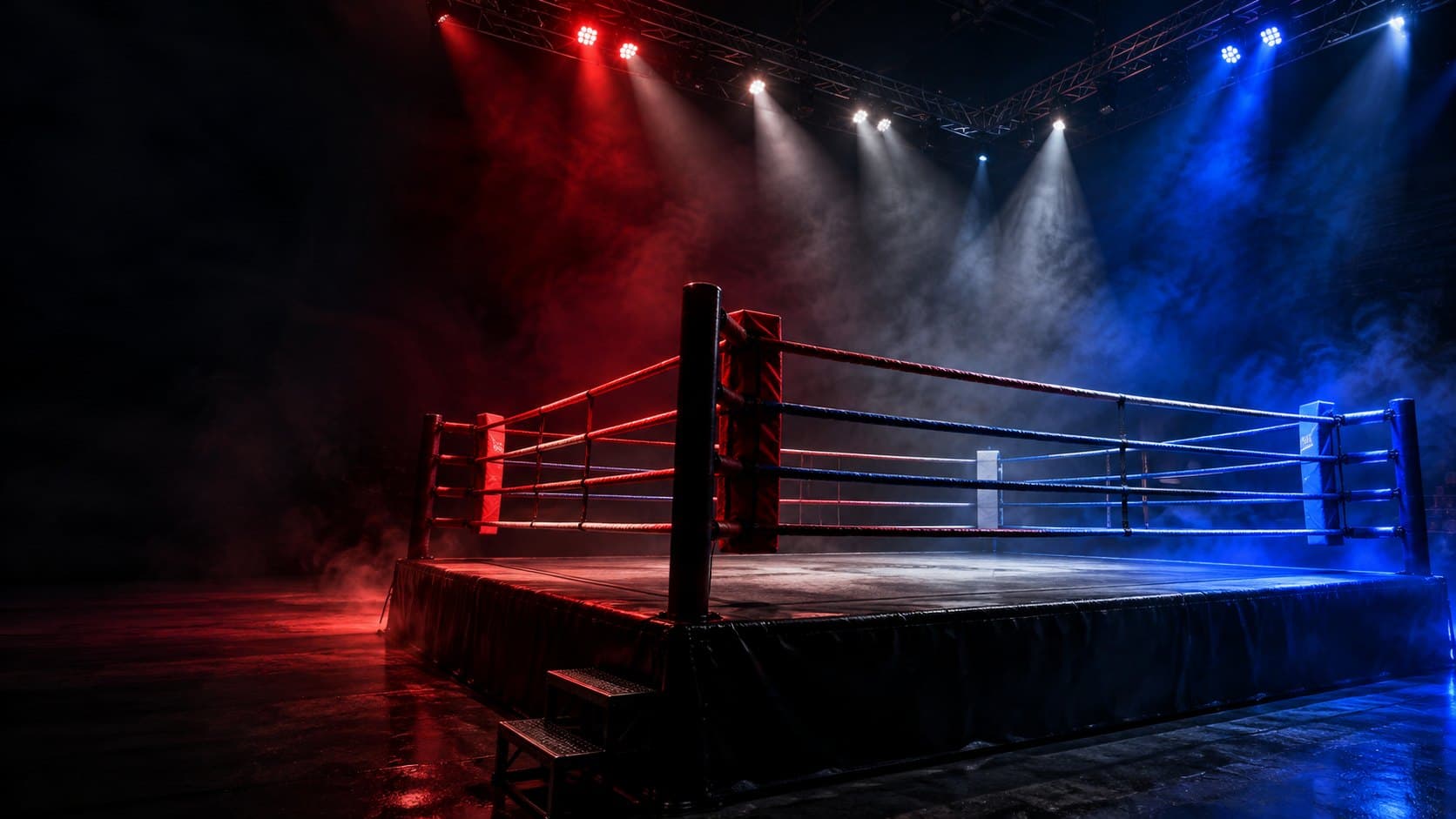 An empty boxing ring in a dark arena, red light on one corner and blue light on the other